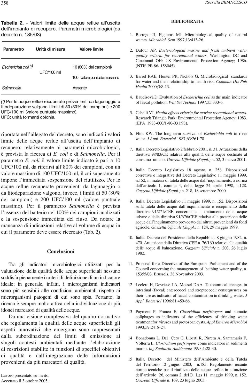 recupero; relativamente ai parametri microbiologici, è prevista la ricerca di E. coli e di Salmonella. Per il parametro E.