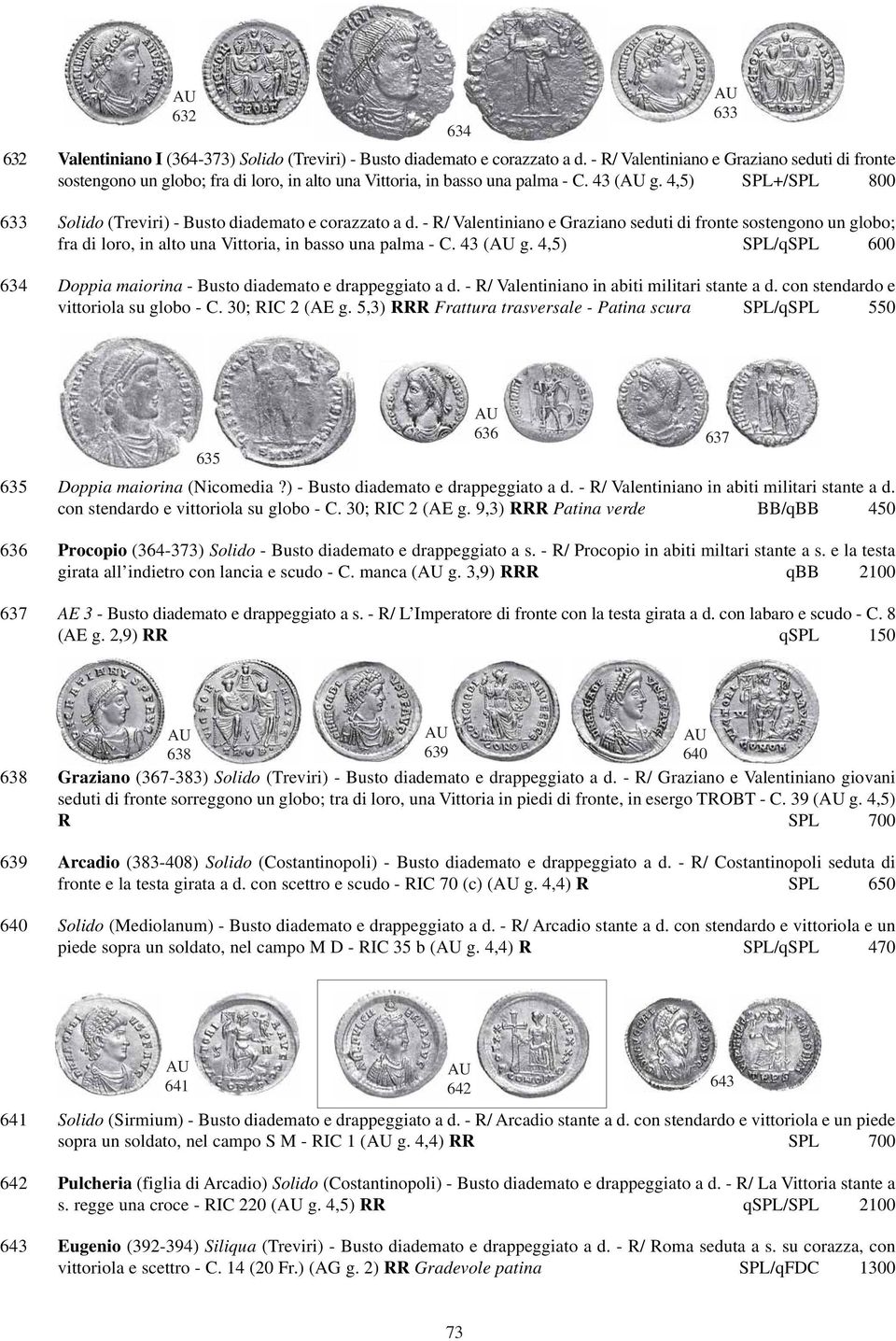 4,5) SPL+/SPL 800 633 Solido (Treviri) - Busto diademato e corazzato a d.  4,5) SPL/qSPL 600 634 Doppia maiorina - Busto diademato e drappeggiato a d. - R/ Valentiniano in abiti militari stante a d.