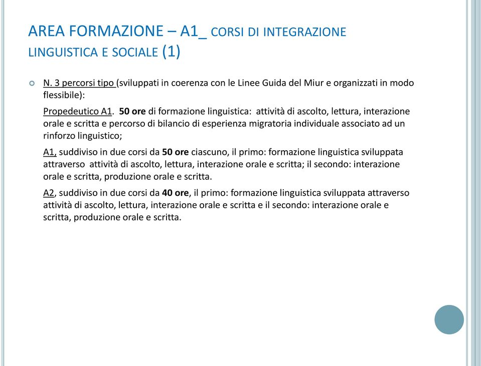 suddiviso in due corsi da 50 ore ciascuno, il primo: formazione linguistica sviluppata attraverso attività di ascolto, lettura, interazione orale e scritta; il secondo: interazione orale e scritta,