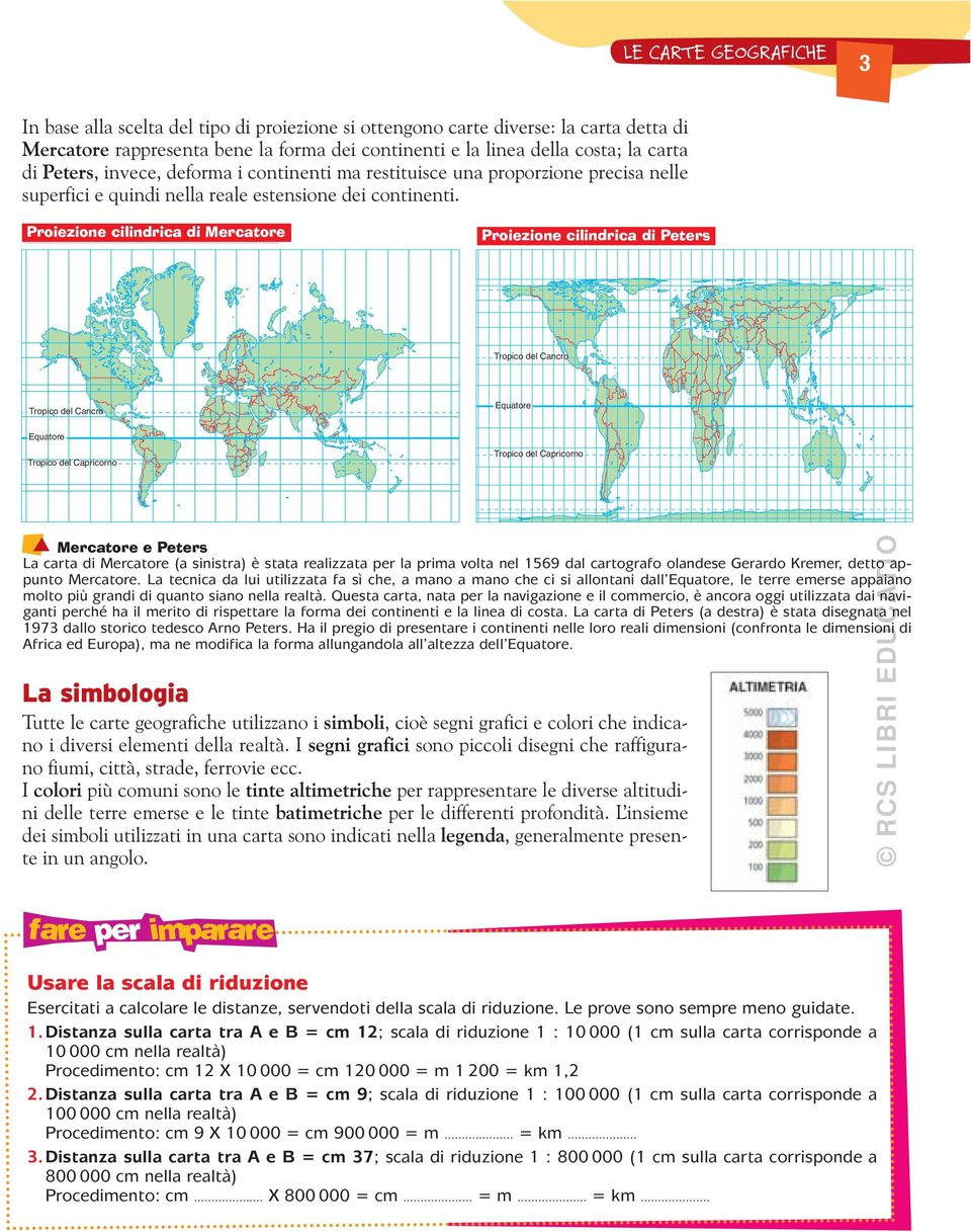 Proiezione cilindrica di Mercatore Proiezione cilindrica di Peters Tropico del Cancro Tropico del Cancro Equatore Equatore Tropico del Capricorno Tropico del Capricorno Mercatore e Peters La carta di