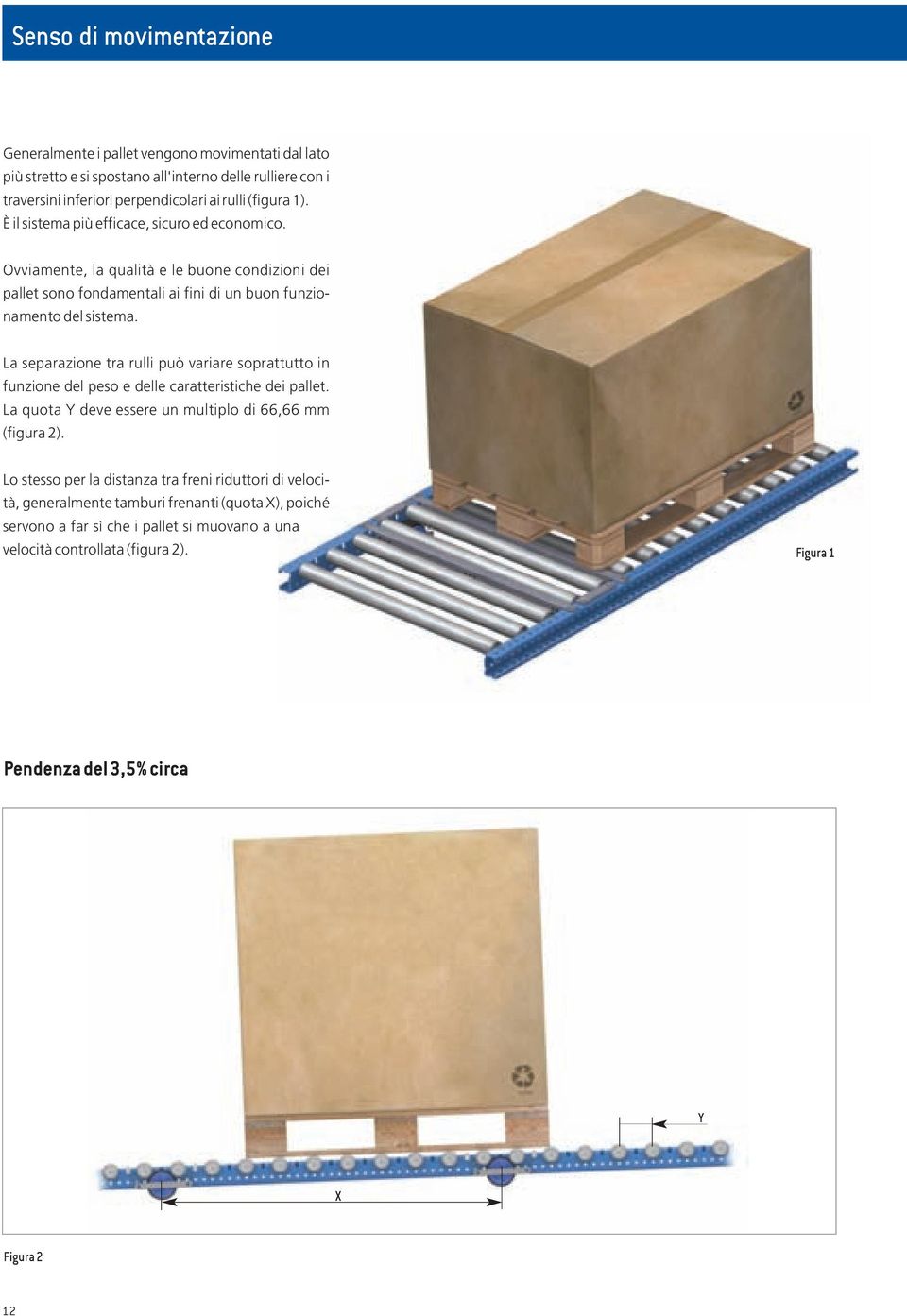 La separazione tra rulli può variare soprattutto in funzione del peso e delle caratteristiche dei pallet. La quota Y deve essere un multiplo di 66,66 mm (figura 2).