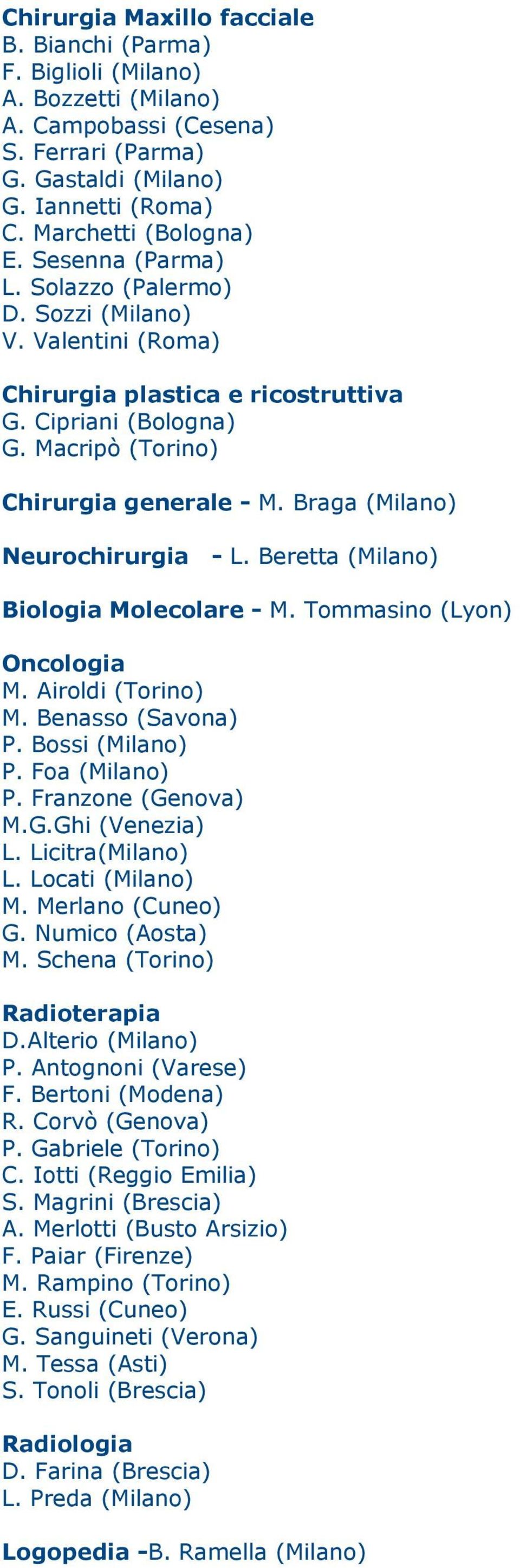 Braga (Milano) Neurochirurgia - L. Beretta (Milano) Biologia Molecolare - M. Tommasino (Lyon) Oncologia M. Airoldi (Torino) M. Benasso (Savona) P. Bossi (Milano) P. Foa (Milano) P.