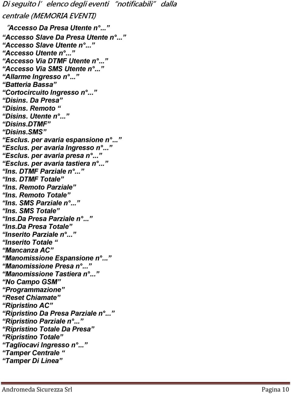 SMS Esclus. per avaria espansione n... Esclus. per avaria Ingresso n... Esclus. per avaria presa n... Esclus. per avaria tastiera n... Ins. DTMF Parziale n... Ins. DTMF Totale Ins.