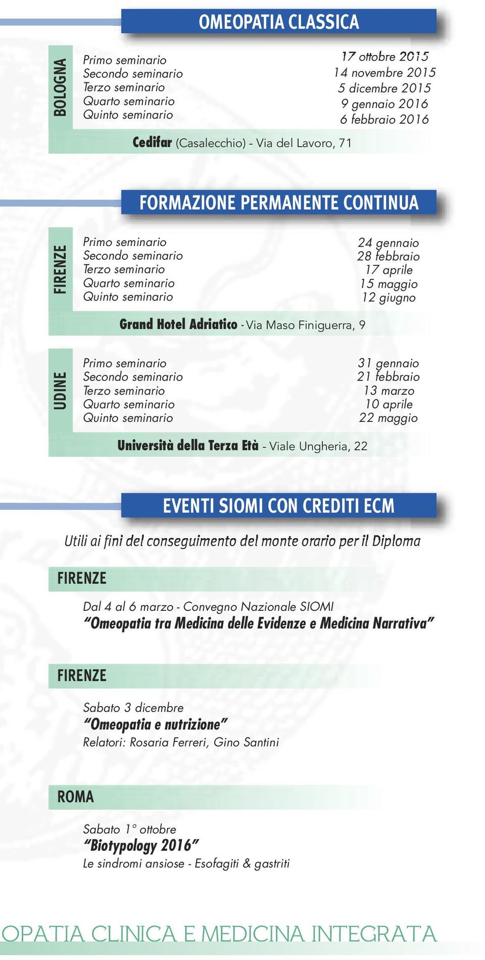 maggio 12 giugno Grand Hotel Adriatico - Via Maso Finiguerra, 9 UDINE Primo seminario Secondo seminario Terzo seminario Quarto seminario Quinto seminario 31 gennaio 21 febbraio 13 marzo 10 aprile 22