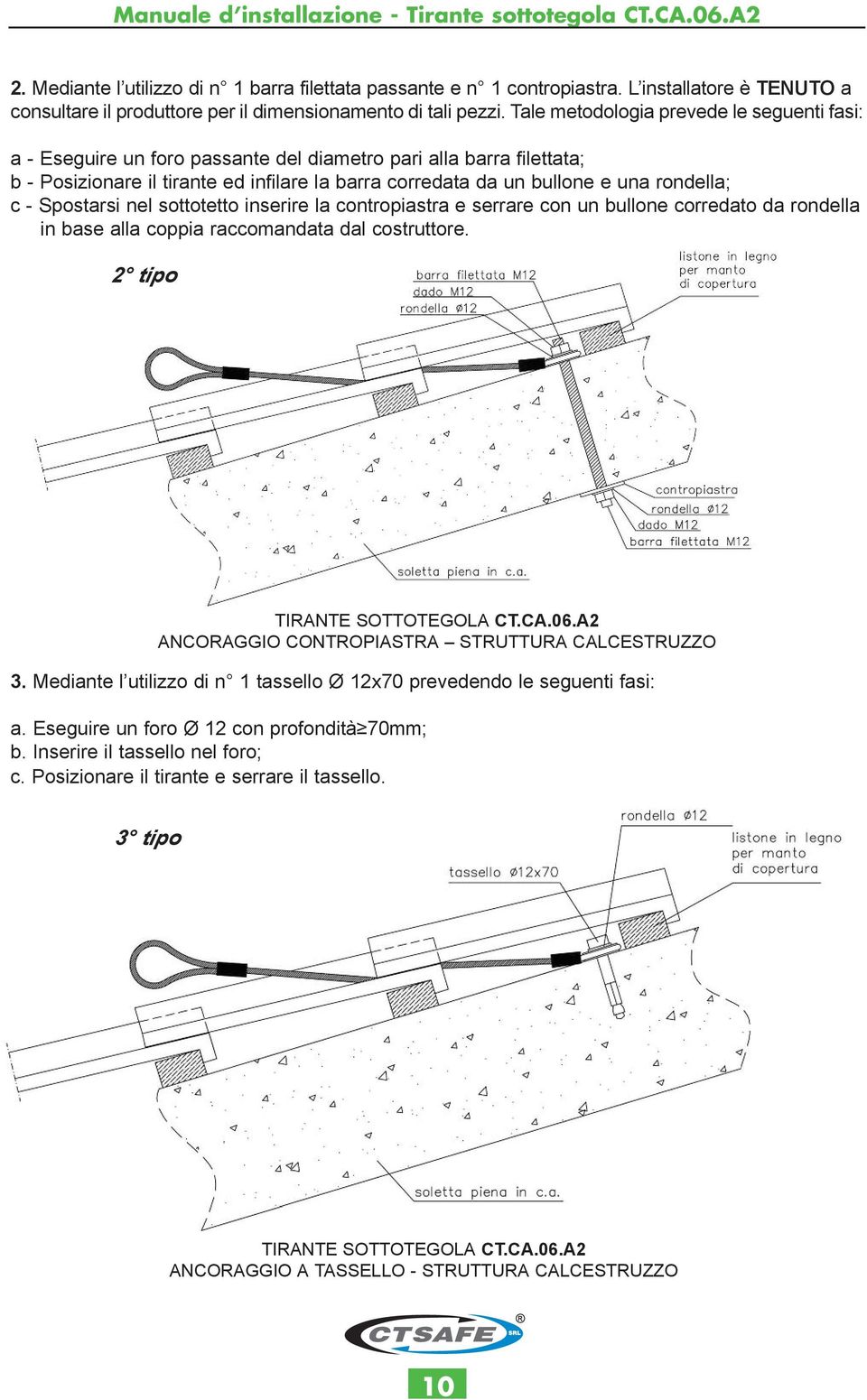 rondella; c - Spostarsi nel sottotetto inserire la contropiastra e serrare con un bullone corredato da rondella in base alla coppia raccomandata dal costruttore. 2 tipo TIRANTE SOTTOTEGOLA CT.CA.06.