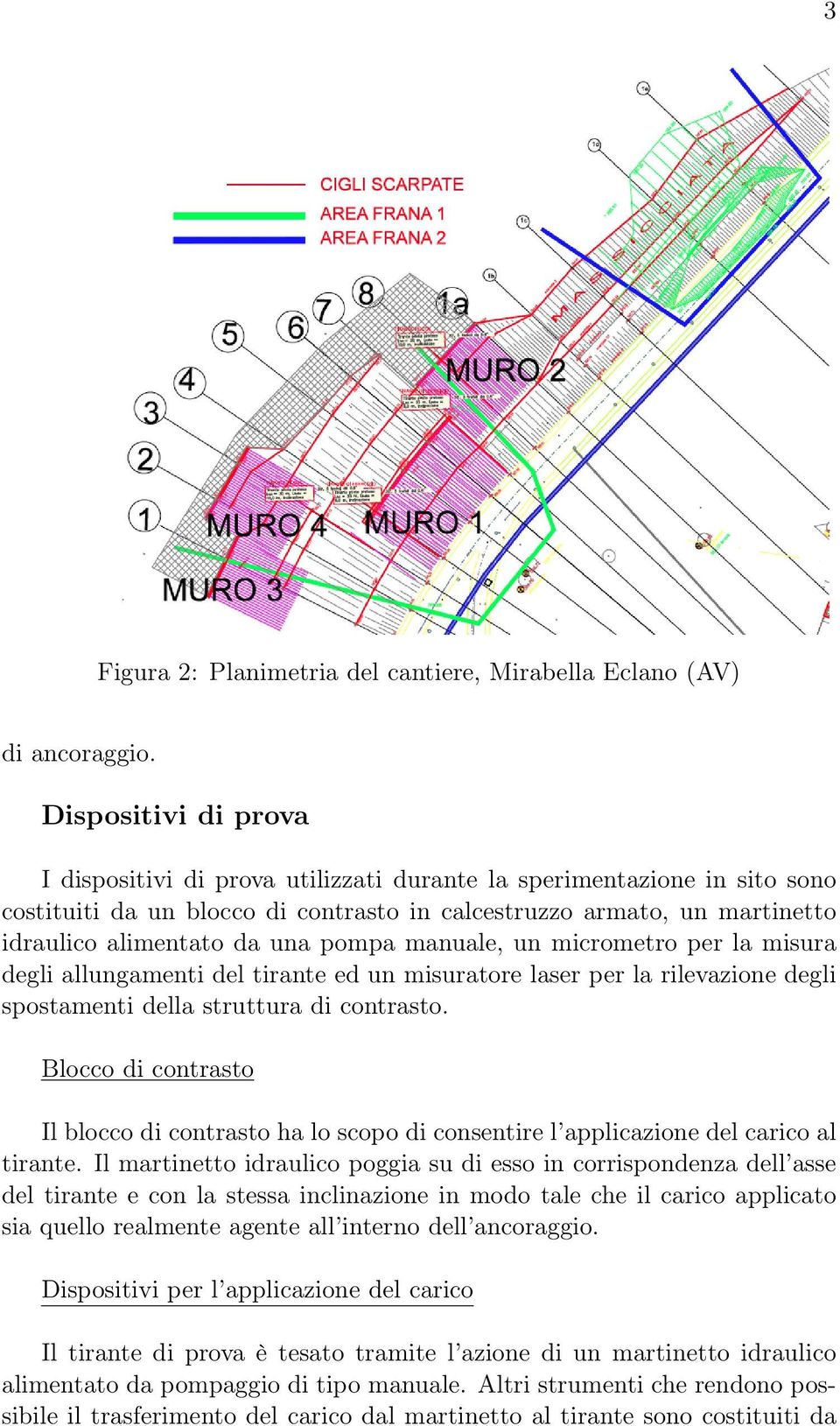 pompa manuale, un micrometro per la misura degli allungamenti del tirante ed un misuratore laser per la rilevazione degli spostamenti della struttura di contrasto.