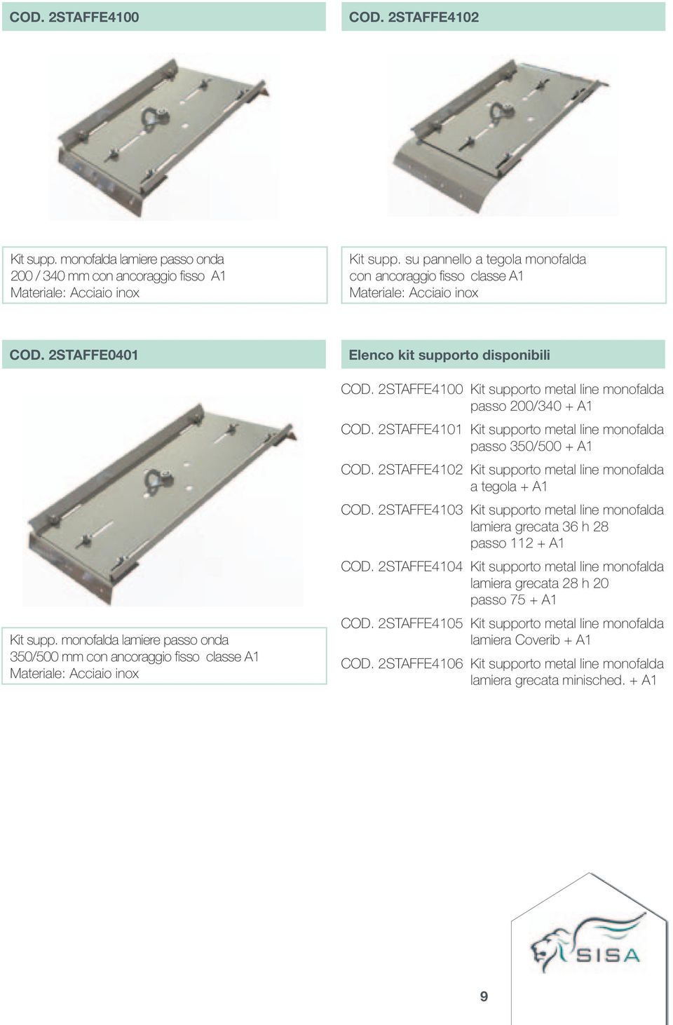 monofalda lamiere passo onda 350/500 mm con ancoraggio fisso classe A1 Materiale: Acciaio inox Elenco kit supporto disponibili COD.