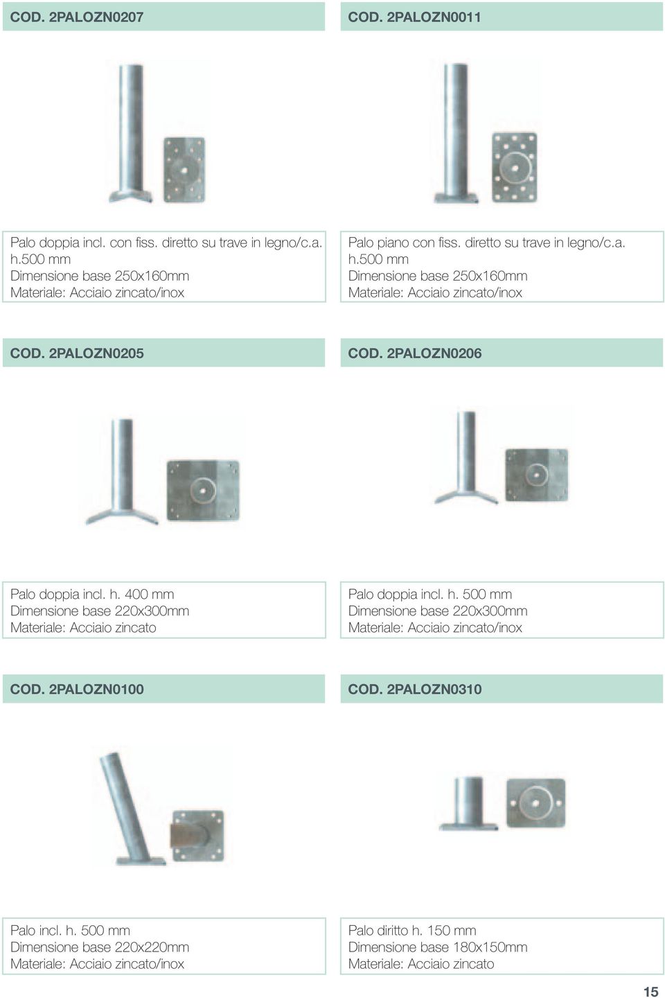 500 mm Dimensione base 250x160mm /inox COD. 2PALOZN0205 COD. 2PALOZN0206 Palo doppia incl. h.