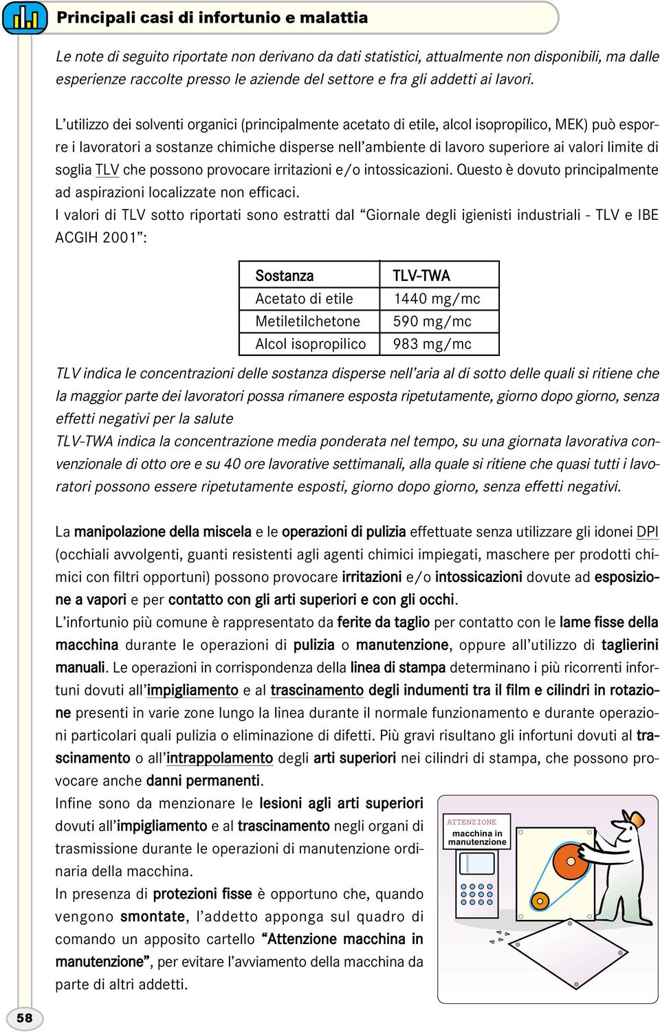 L utilizzo dei solventi organici (principalmente acetato di etile, alcol isopropilico, MEK) può esporre i lavoratori a sostanze chimiche disperse nell ambiente di lavoro superiore ai valori limite di