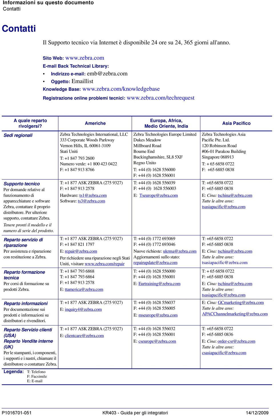 Sedi regionali Supporto tecnico Per domande relative al funzionamento di apparecchiature e software Zebra, contattare il proprio distributore. Per ulteriore supporto, contattare Zebra.