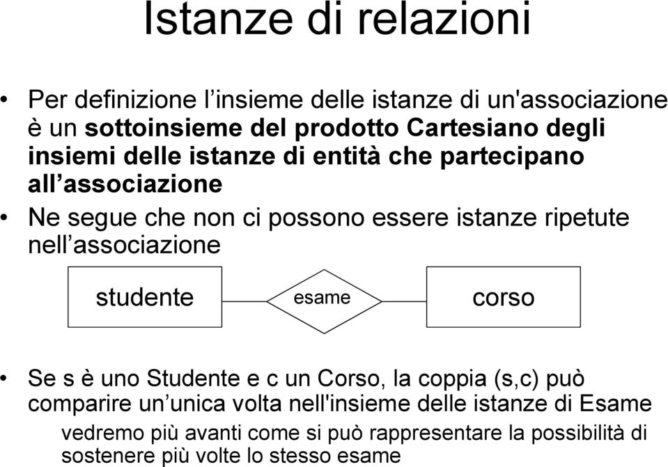 nell associazione studente esame corso Se s è uno Studente e c un Corso, la coppia (s,c) può comparire un unica volta