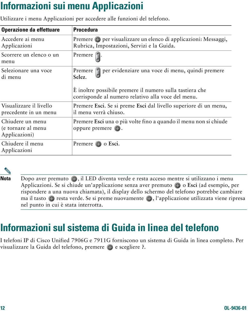 Applicazioni) Chiudere il menu Applicazioni Procedura Premere per visualizzare un elenco di applicazioni: Messaggi, Rubrica, Impostazioni, Servizi e la Guida. Premere. Premere Selez.