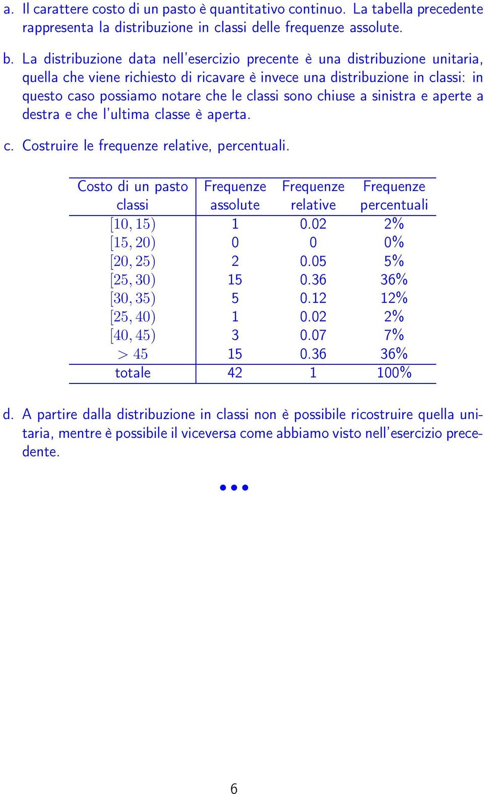 sono chiuse a sinistra e aperte a destra e che l ultima classe è aperta. c. Costruire le frequenze relative, percentuali.