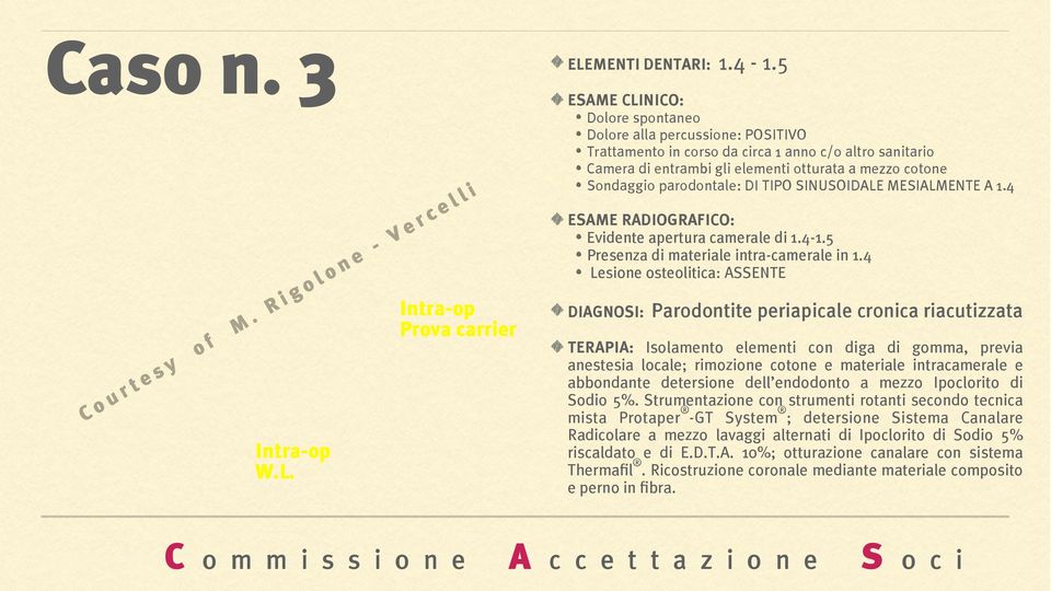 mezzo cotone Sondaggio parodontale: DI TIPO SINUSOIDALE MESIALMENTE A 1.4 li Evidente apertura camerale di 1.4-1.5 Presenza di materiale intra-camerale in 1.