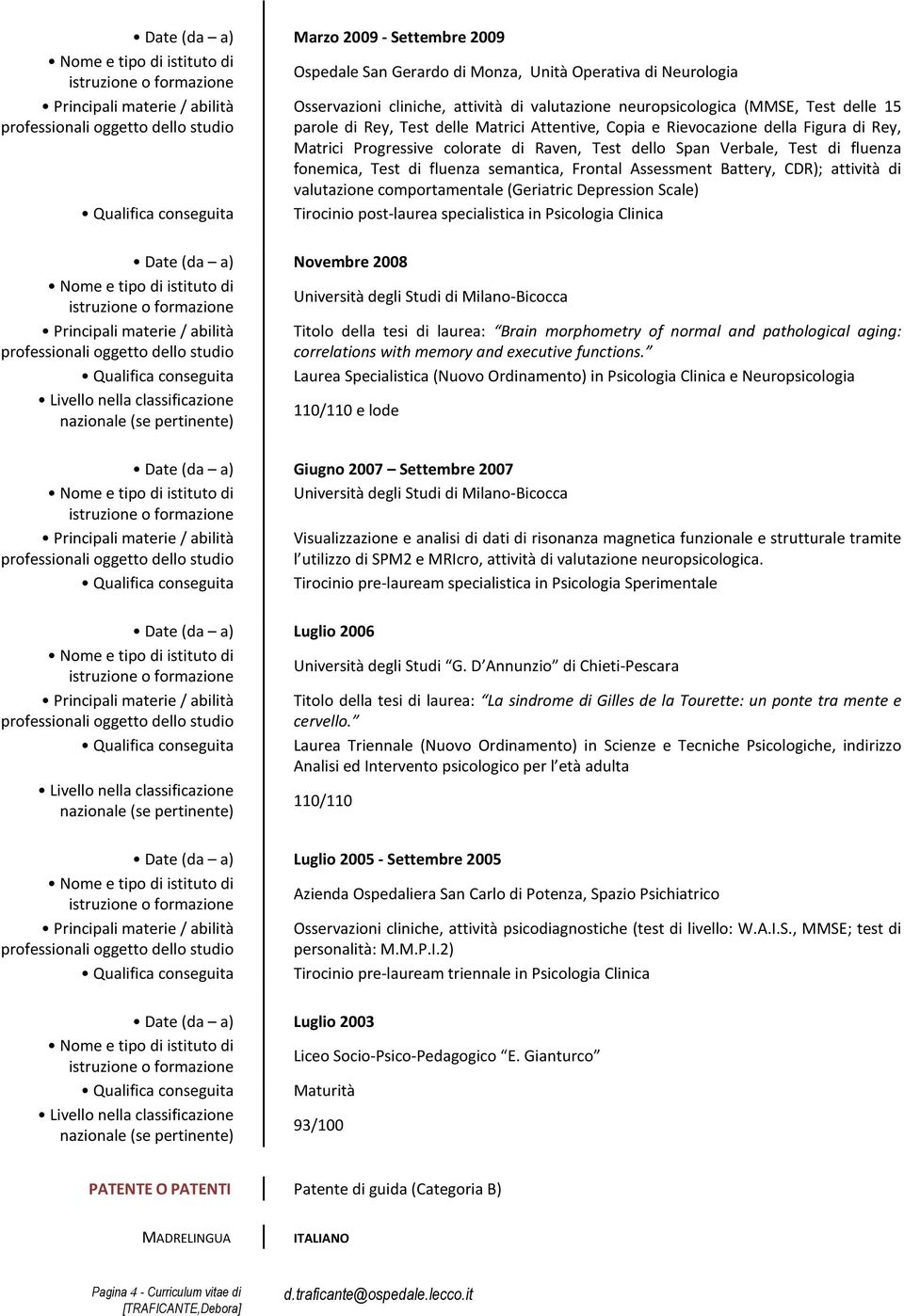 Battery, CDR); attività di valutazione comportamentale (Geriatric Depression Scale) Tirocinio post-laurea specialistica in Psicologia Clinica Novembre 2008 Università degli Studi di Milano-Bicocca