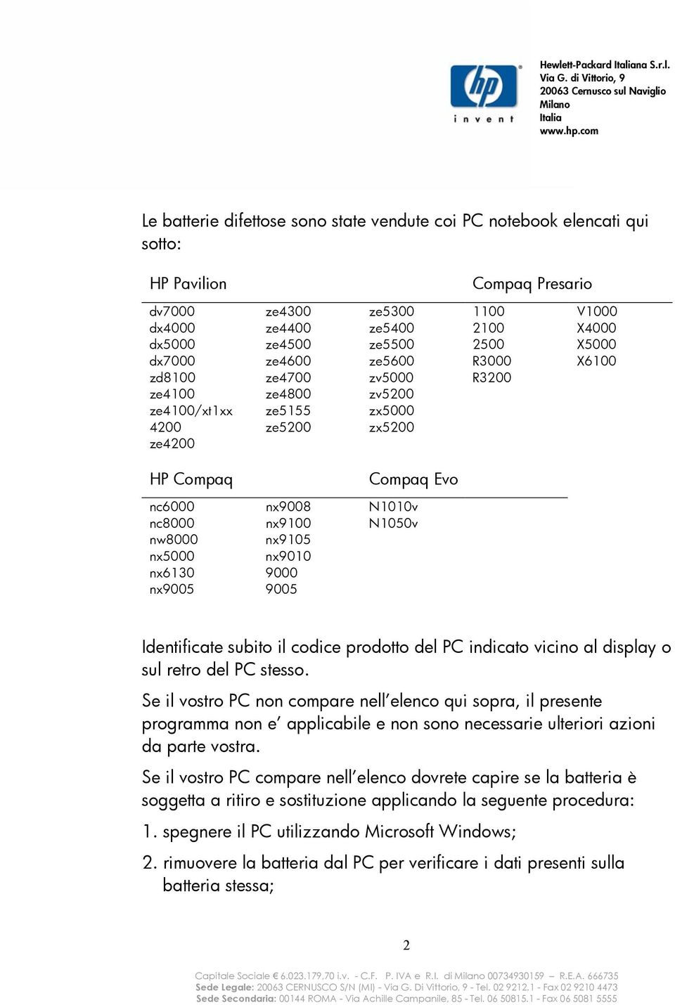 N1050v nw8000 nx9105 nx5000 nx9010 nx6130 9000 nx9005 9005 Identificate subito il codice prodotto del PC indicato vicino al display o sul retro del PC stesso.