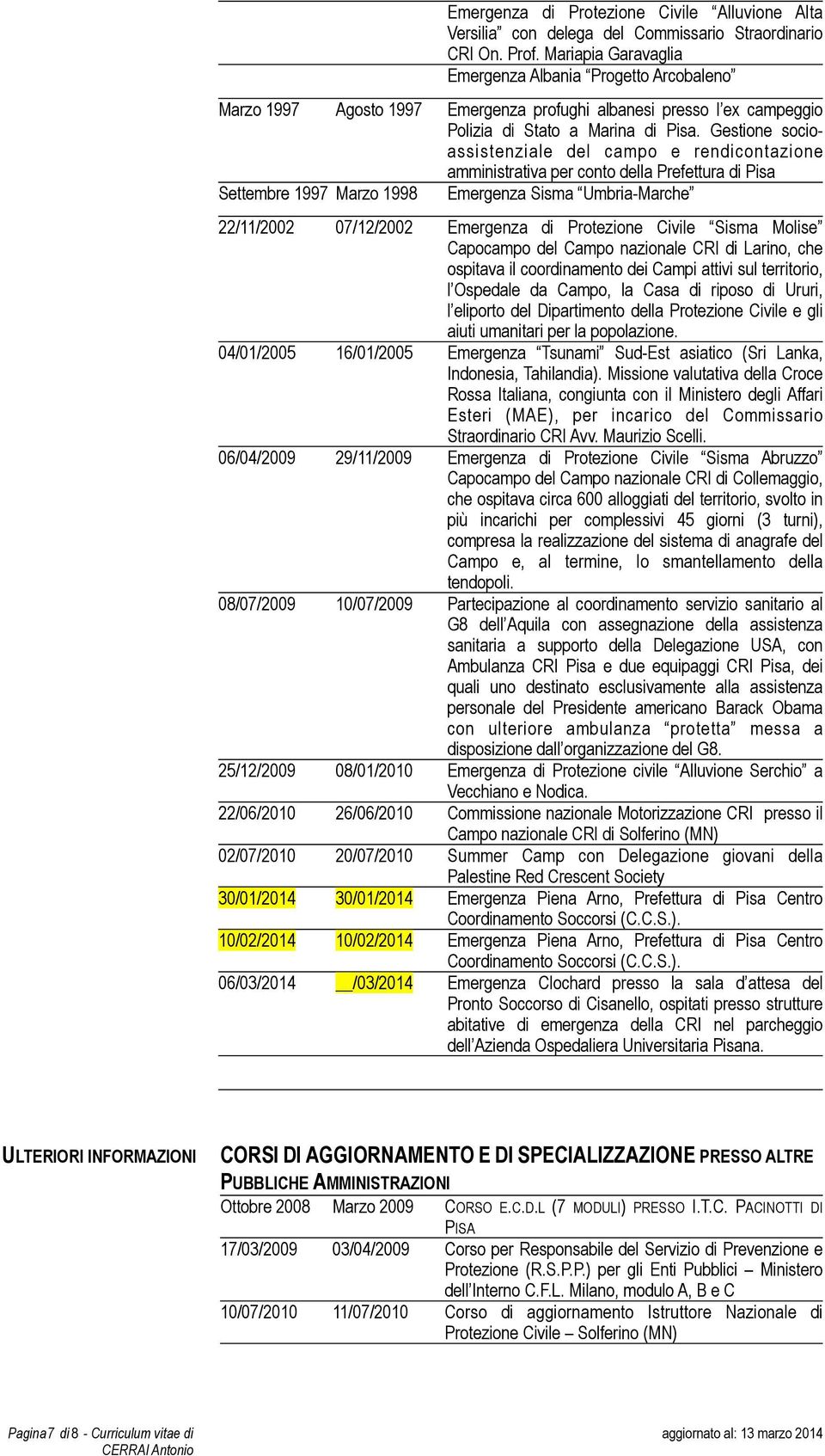 Gestione socioassistenziale del campo e rendicontazione amministrativa per conto della Prefettura di Pisa Settembre 1997 Marzo 1998 Emergenza Sisma Umbria-Marche 22/11/2002 07/12/2002 Emergenza di