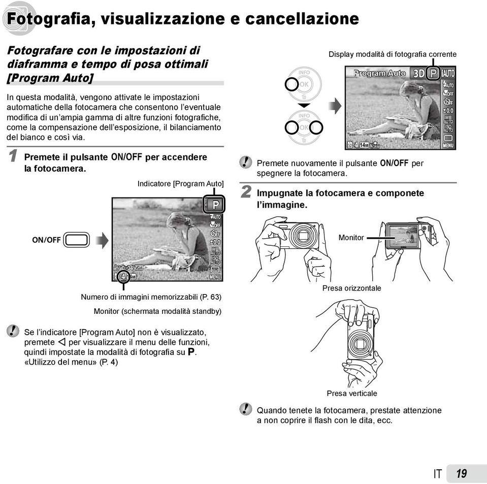 il bilanciamento del bianco e così via. 1 Premete il pulsante n per accendere la fotocamera. Indicatore [Program Auto] P 4 14M NORM Premete nuovamente il pulsante n per spegnere la fotocamera.