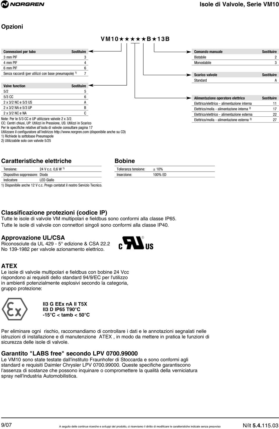 CC: Centri chiusi, UP: Utilizzi in Pressione, US: Utilizzi in Scarico Per le specifiche relative all isola di valvole consultare pagina 7 Utilizzare il configuratore all indirizzo http://www.norgren.