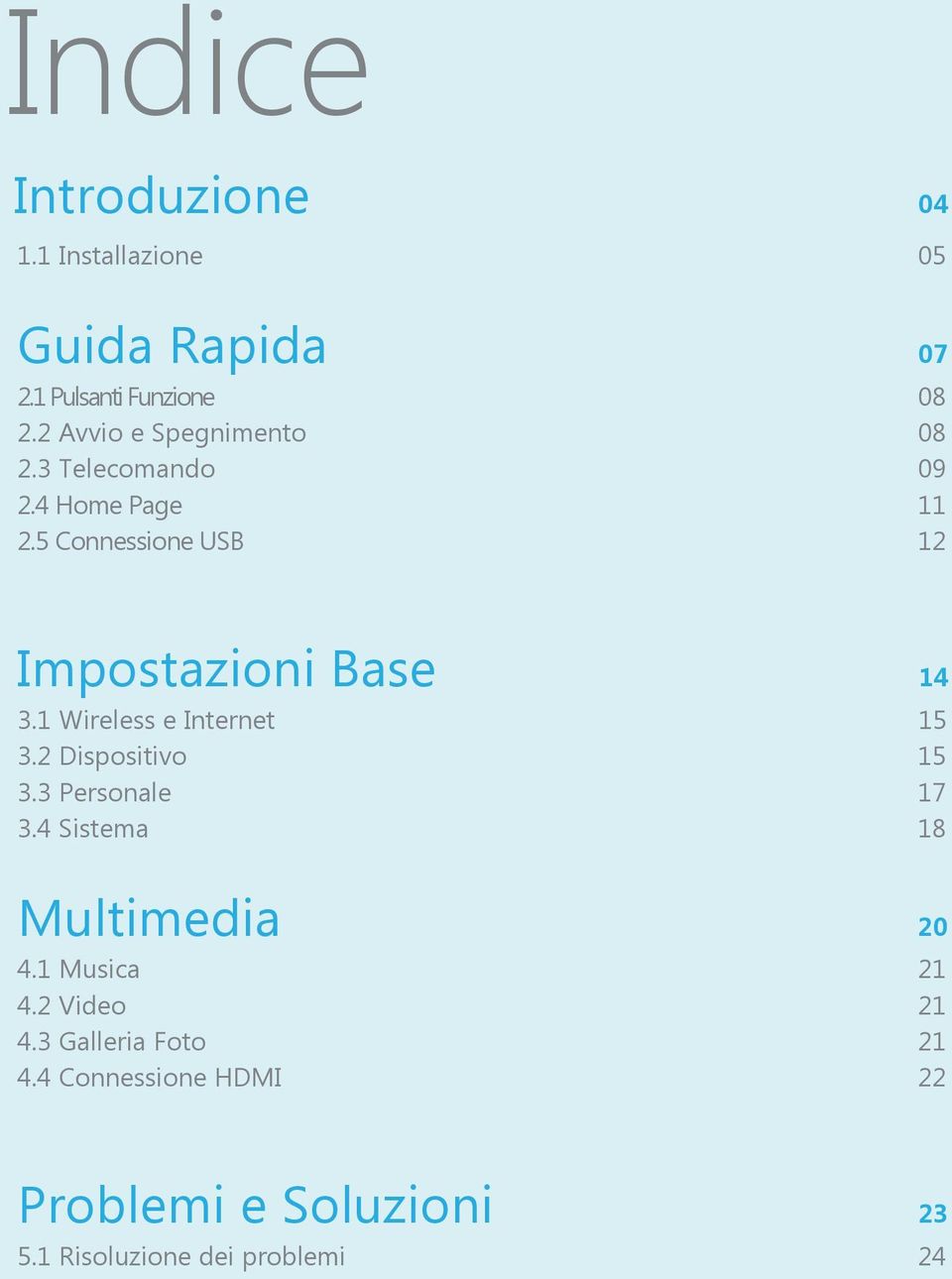 5 Connessione USB 12 Impostazioni Base 14 3.1 Wireless e Internet 15 3.2 Dispositivo 15 3.