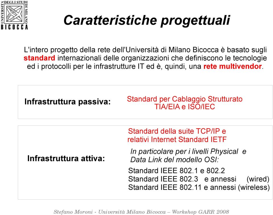 Infrastruttura passiva: Standard per Cablaggio Strutturato TIA/EIA e ISO/IEC Standard della suite TCP/IP e relativi Internet Standard IETF