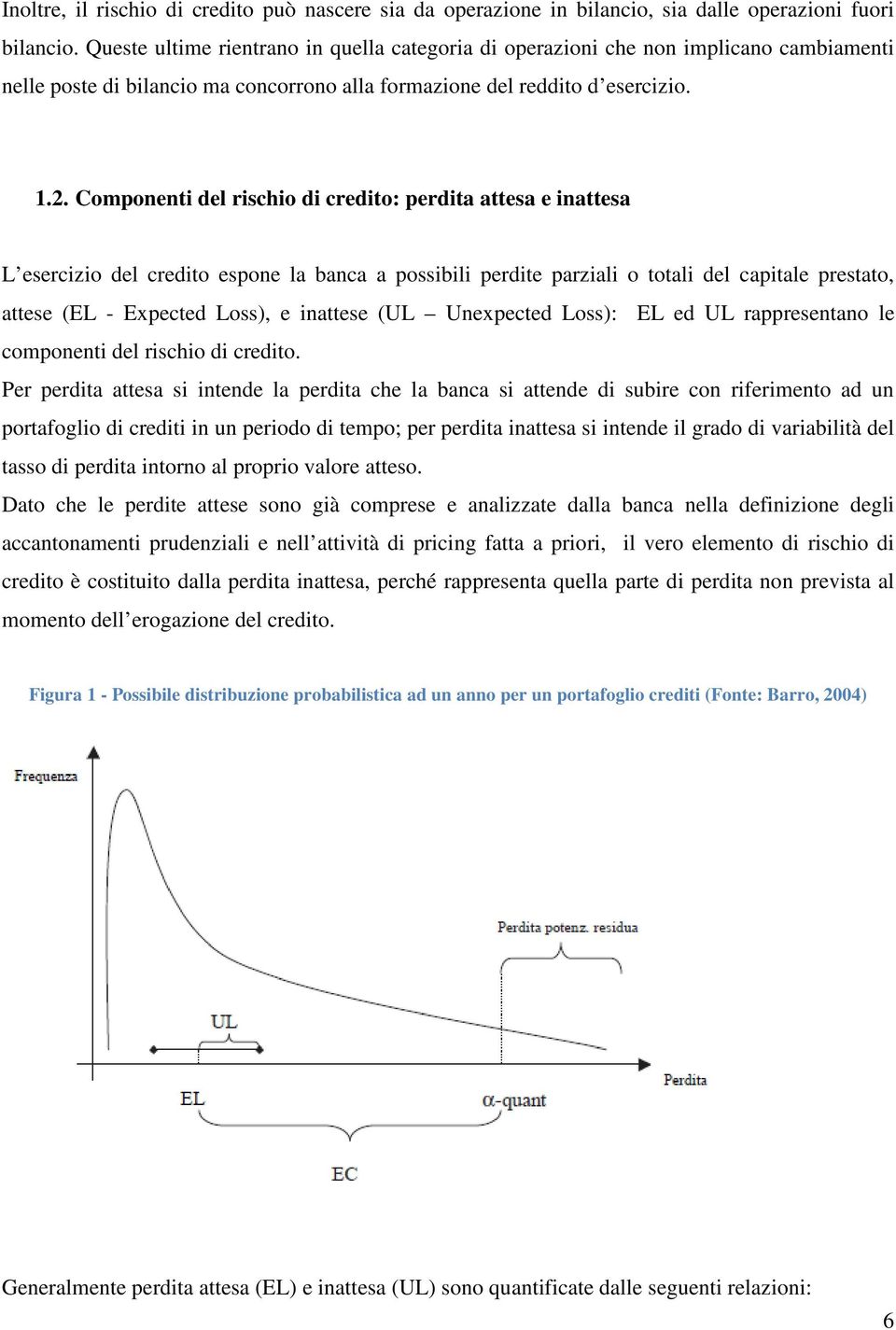 Componenti del rischio di credito: perdita attesa e inattesa L esercizio del credito espone la banca a possibili perdite parziali o totali del capitale prestato, attese (EL - Expected Loss), e