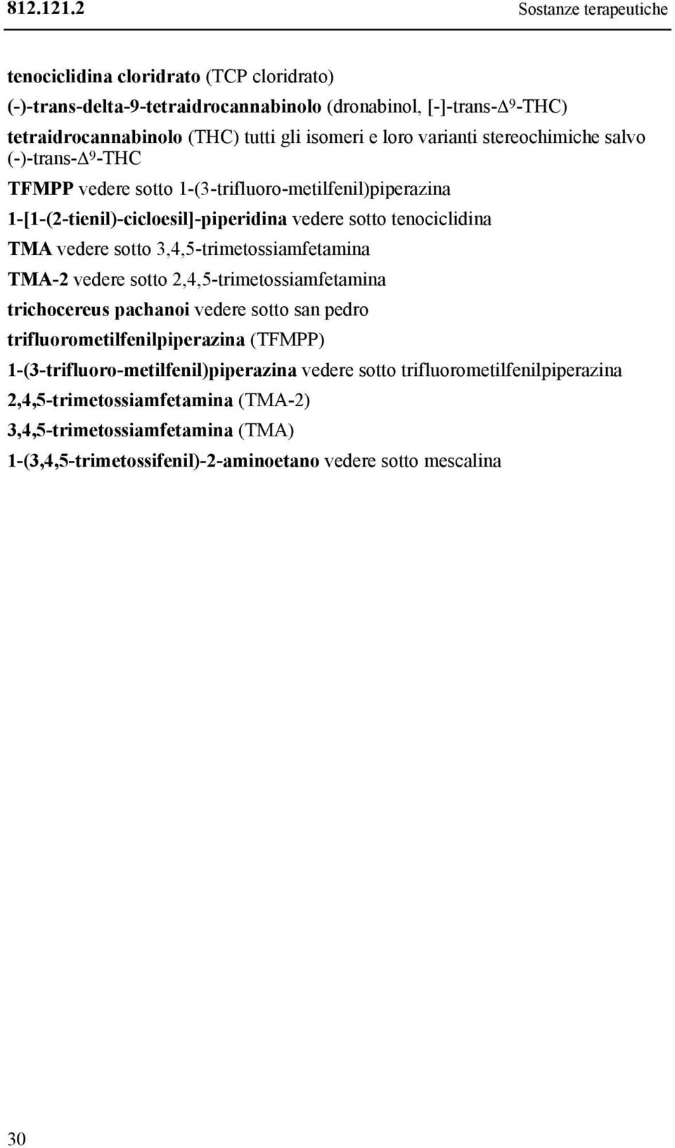 loro varianti stereochimiche salvo (-)-trans- 9 -THC TFMPP vedere sotto 1-(3-trifluoro-metilfenil)piperazina 1-[1-(2-tienil)-cicloesil]-piperidina vedere sotto tenociclidina TMA vedere