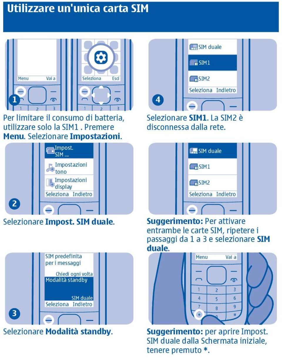 La SIM è disconnessa dalla rete. SIM duale SIM SIM Suggerimento: Per attivare entrambe le carte SIM, ripetere i passaggi da a 3 e selezionare SIM duale.