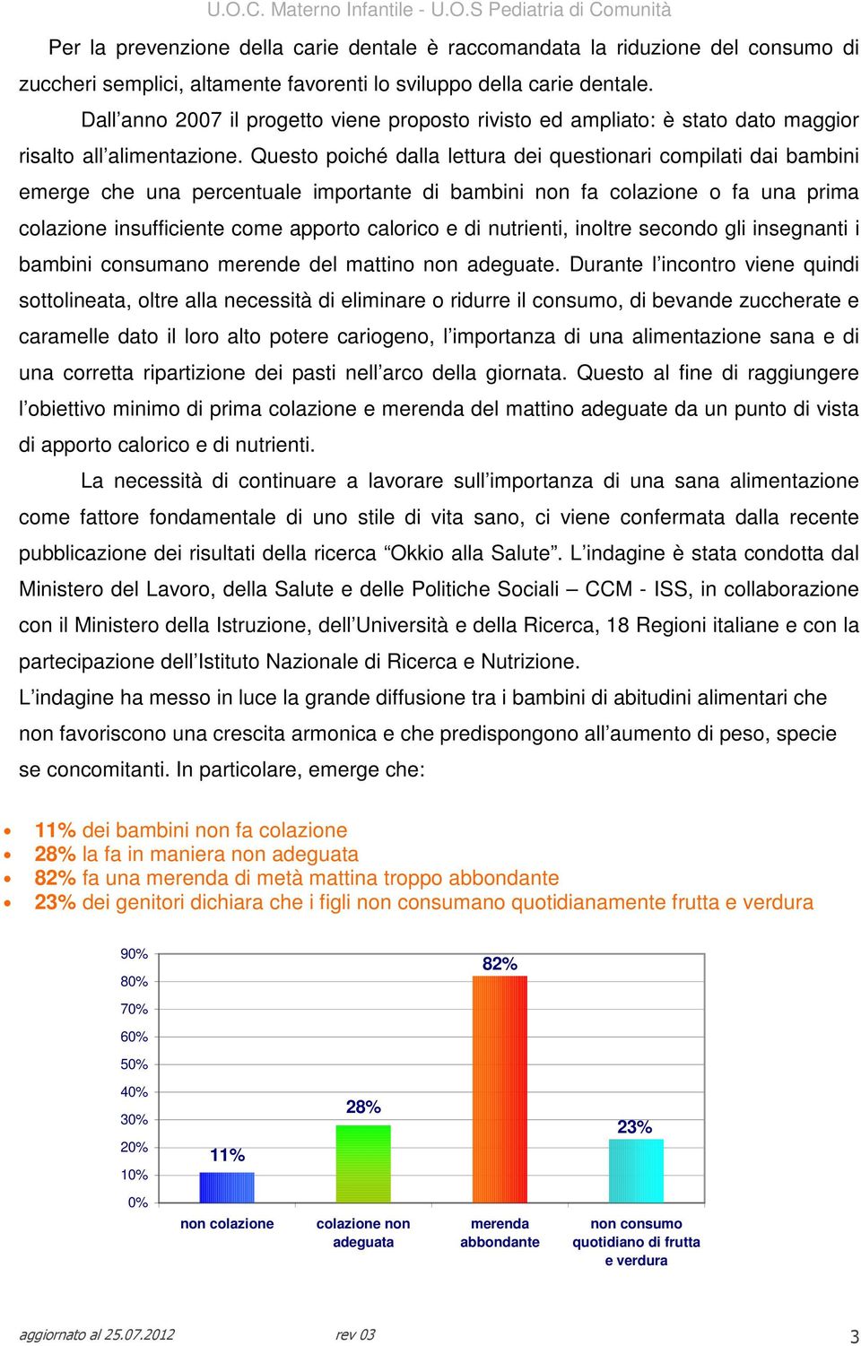 Questo poiché dalla lettura dei questionari compilati dai bambini emerge che una percentuale importante di bambini non fa colazione o fa una prima colazione insufficiente come apporto calorico e di