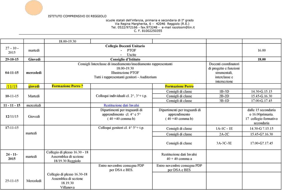 Formazione Porro 1B 3D 14.30 G.15.15 10 11 15 Martedì Colloqui individuali cl. 2^, 3^+ t.p. 2B 2D 15.45 G.16.30 3B 1D 17.