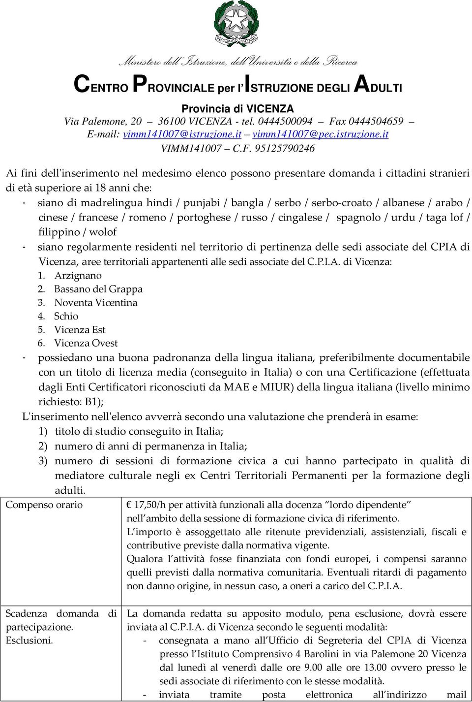 associate del CPIA di Vicenza, aree territoriali appartenenti alle sedi associate del C.P.I.A. di Vicenza: 1. Arzignano 2. Bassano del Grappa 3. Noventa Vicentina 4. Schio 5. Vicenza Est 6.