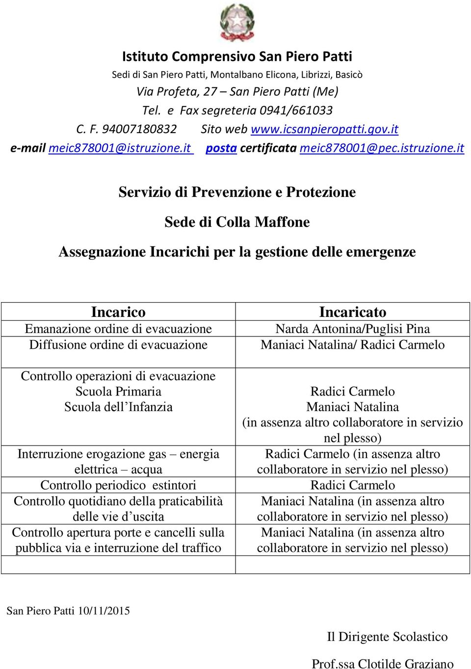 altro collaboratore in servizio nel plesso) Radici Carmelo (in assenza altro