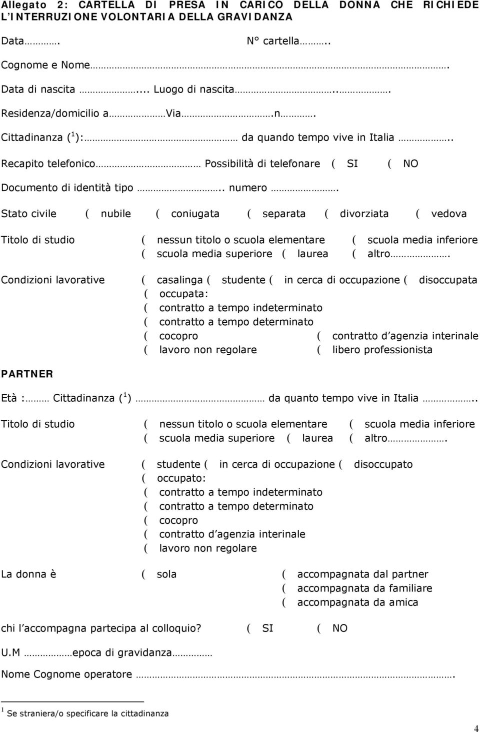 Stato civile ( nubile ( coniugata ( separata ( divorziata ( vedova Titolo di studio ( nessun titolo o scuola elementare ( scuola media inferiore ( scuola media superiore ( laurea ( altro.