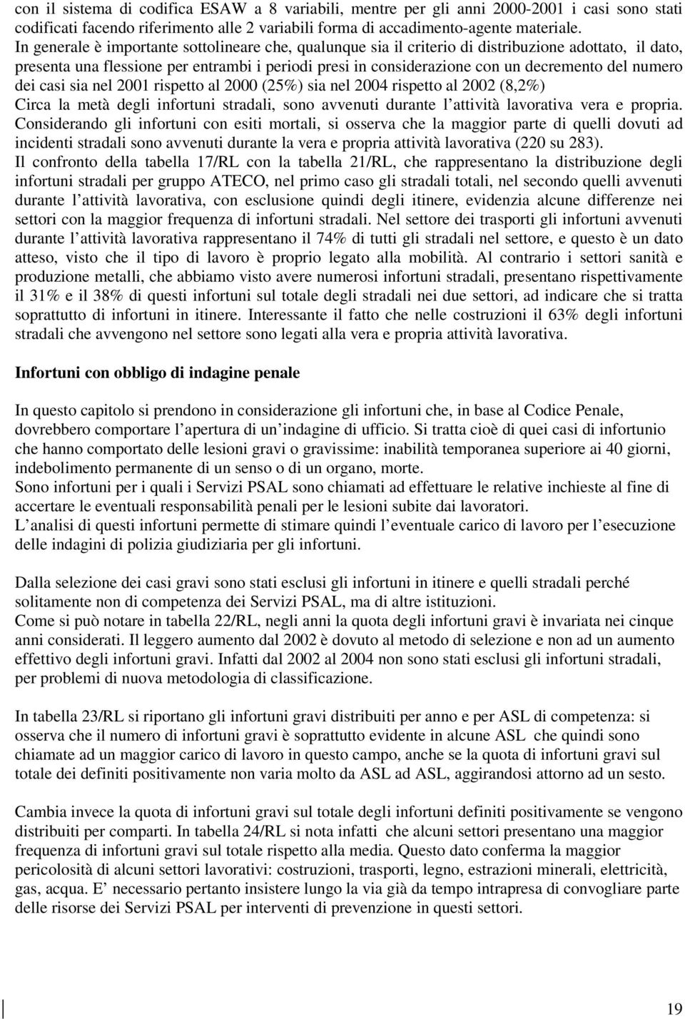 numero dei casi sia nel 2001 rispetto al 2000 (25%) sia nel 2004 rispetto al 2002 (8,2%) Circa la metà degli stradali, sono avvenuti durante l attività lavorativa vera e propria.