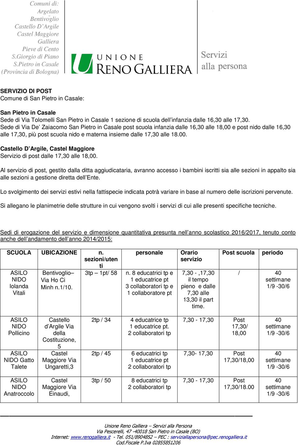 Al servizio di post, gestito dalla ditta aggiudicataria, avranno accesso i bambini iscritti sia alle sezioni in appalto sia alle sezioni a gestione diretta dell Ente.