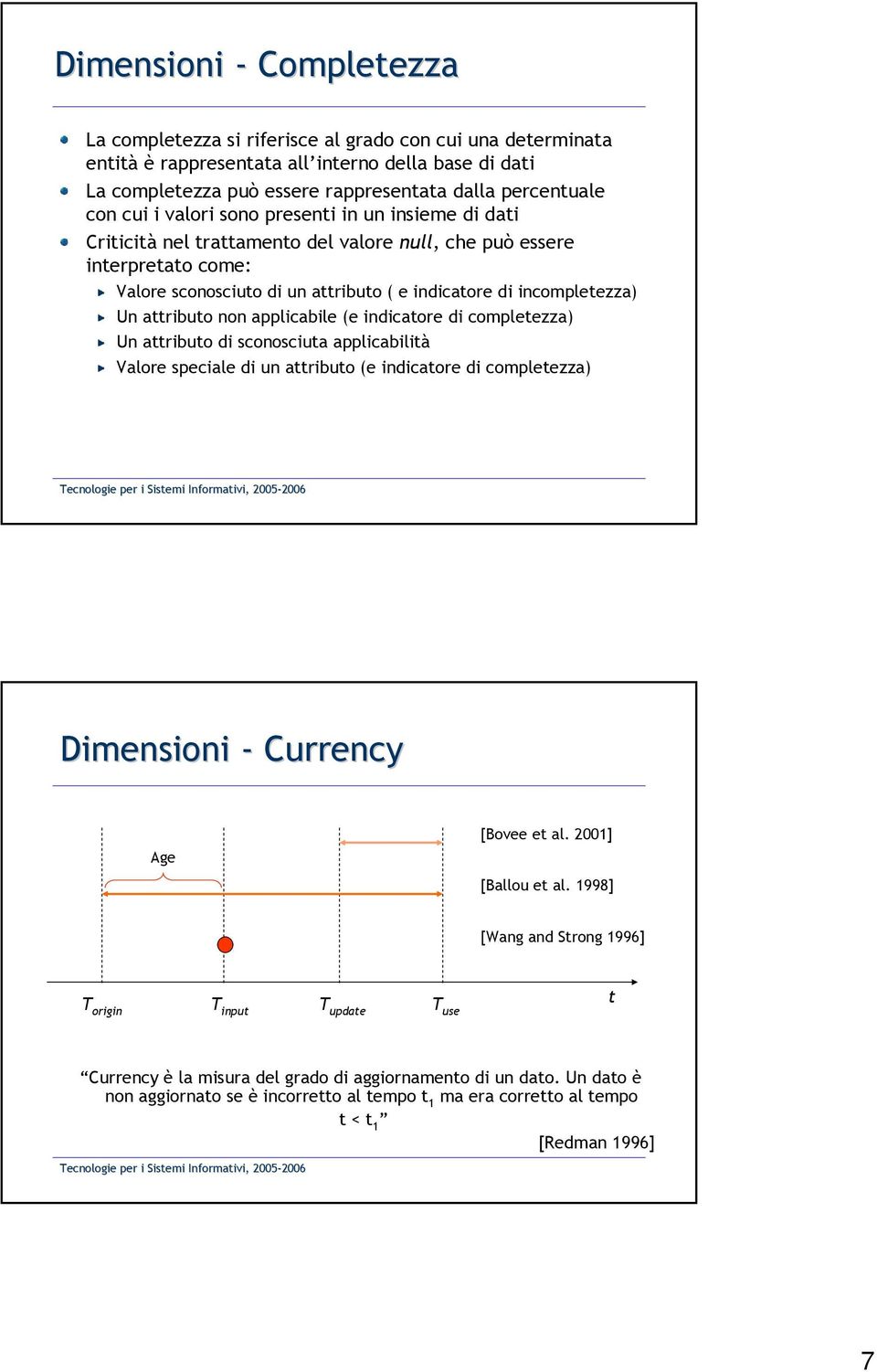 Un attributo non applicabile (e indicatore di completezza) Un attributo di sconosciuta applicabilità Valore speciale di un attributo (e indicatore di completezza) Dimensioni - Currency Age [Bovee et