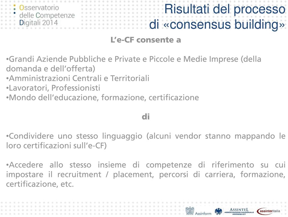 certificazione di Condividere uno stesso linguaggio (alcuni vendor stanno mappando le loro certificazioni sull e-cf) Accedere allo