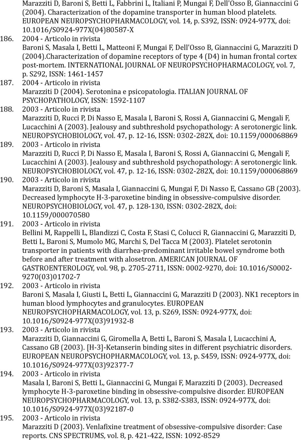 2004 Articolo in rivista Baroni S, Masala I, Betti L, Matteoni F, Mungai F, Dell'Osso B, Giannaccini G, Marazziti D (2004).