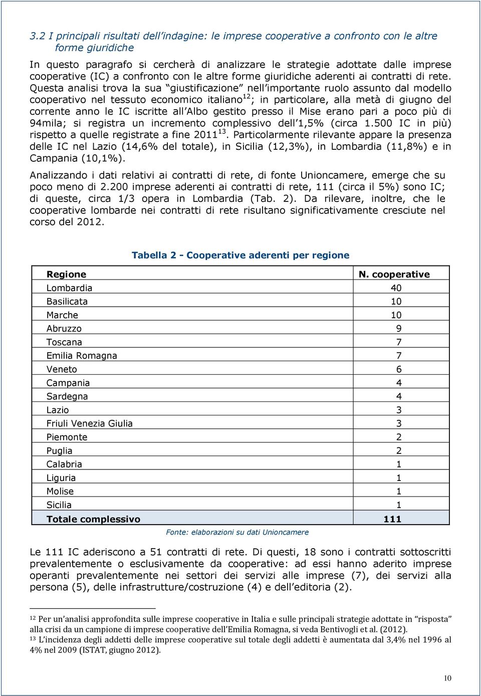 Questa analisi trova la sua giustificazione nell importante ruolo assunto dal modello cooperativo nel tessuto economico italiano 12 ; in particolare, alla metà di giugno del corrente anno le IC