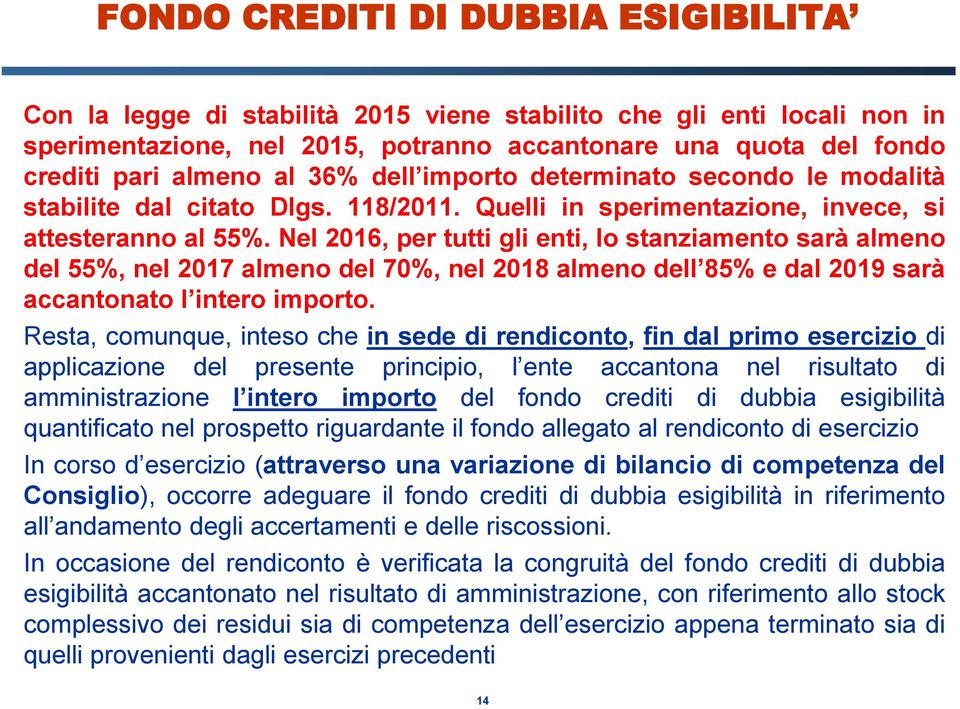 Nel 2016, per tutti gli enti, lo stanziamento sarà almeno del 55%, nel 2017 almeno del 70%, nel 2018 almeno dell 85% e dal 2019 sarà accantonato l intero importo.