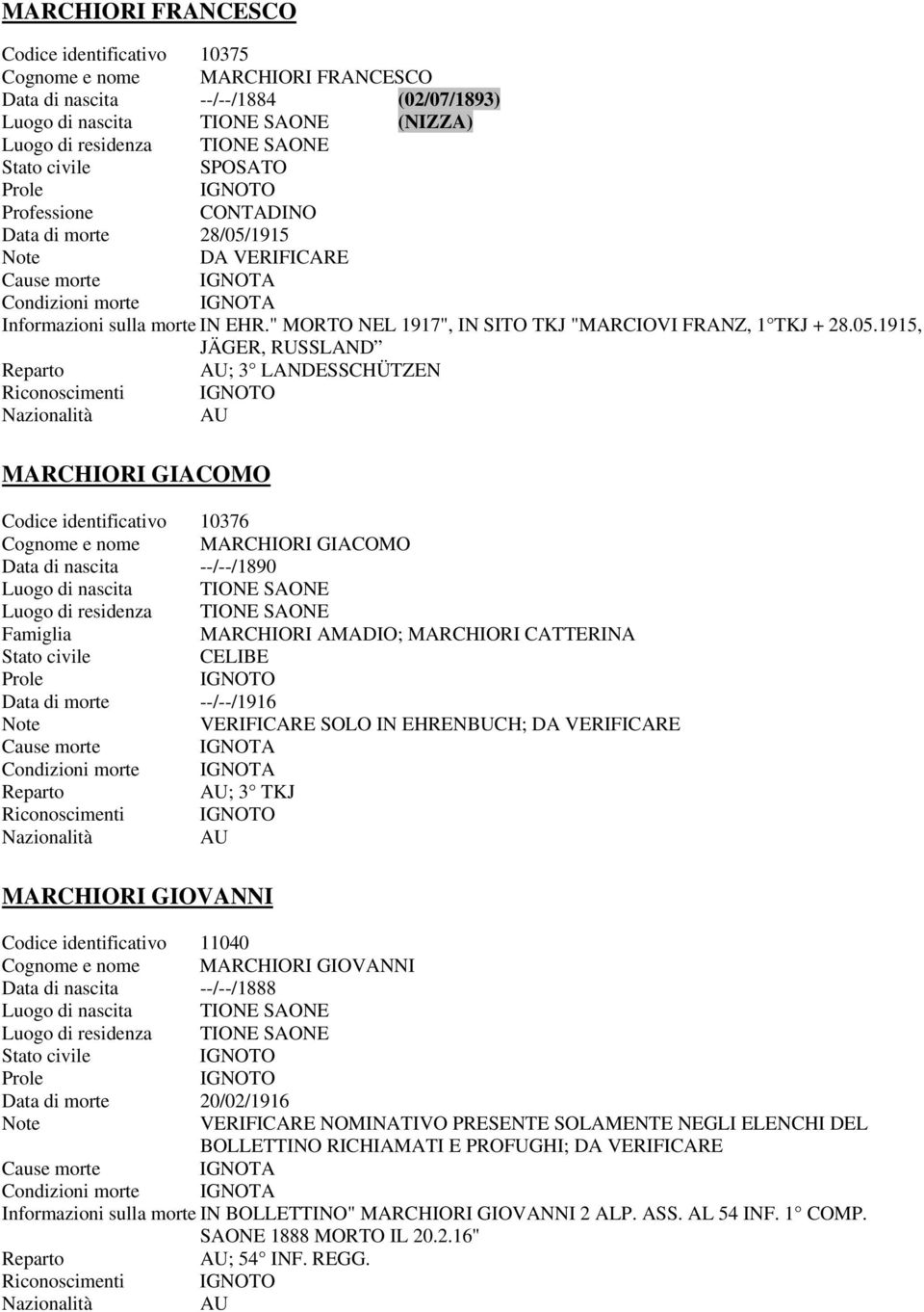 1915, JÄGER, RUSSLAND ; 3 LANDESSCHÜTZEN Riconoscimenti MARCHIORI GIACOMO Codice identificativo 10376 Cognome e nome MARCHIORI GIACOMO Data di nascita --/--/1890 Famiglia MARCHIORI AMADIO; MARCHIORI