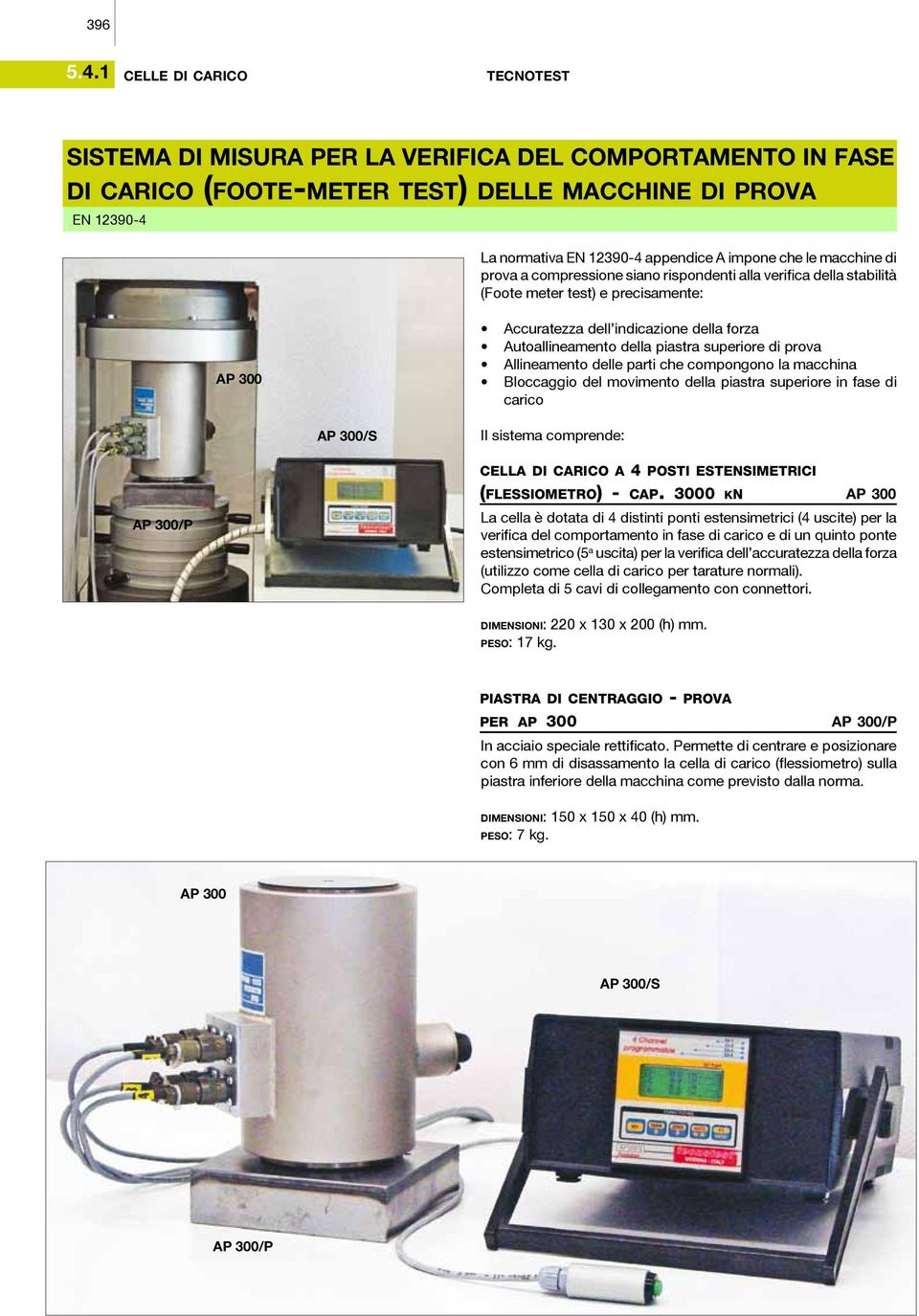 le macchine di prova a compressione siano rispondenti alla verifica della stabilità (Foote meter test) e precisamente: AP 300 Accuratezza dell indicazione della forza Autoallineamento della piastra