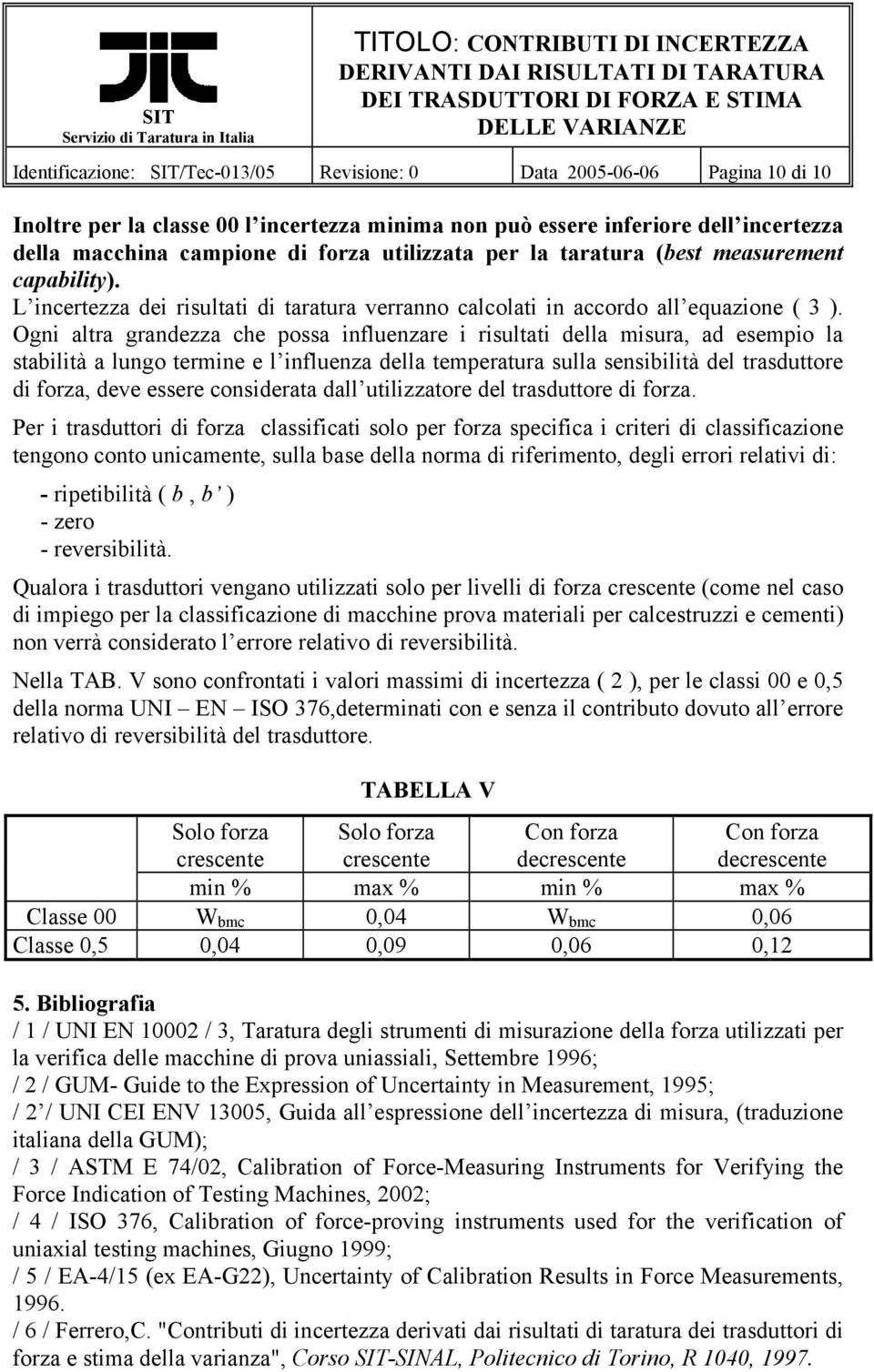 Ogni altra grandezza che possa influenzare i risultati della misura, ad esempio la stabilità a lungo termine e l influenza della temperatura sulla sensibilità del trasduttore di forza, deve essere