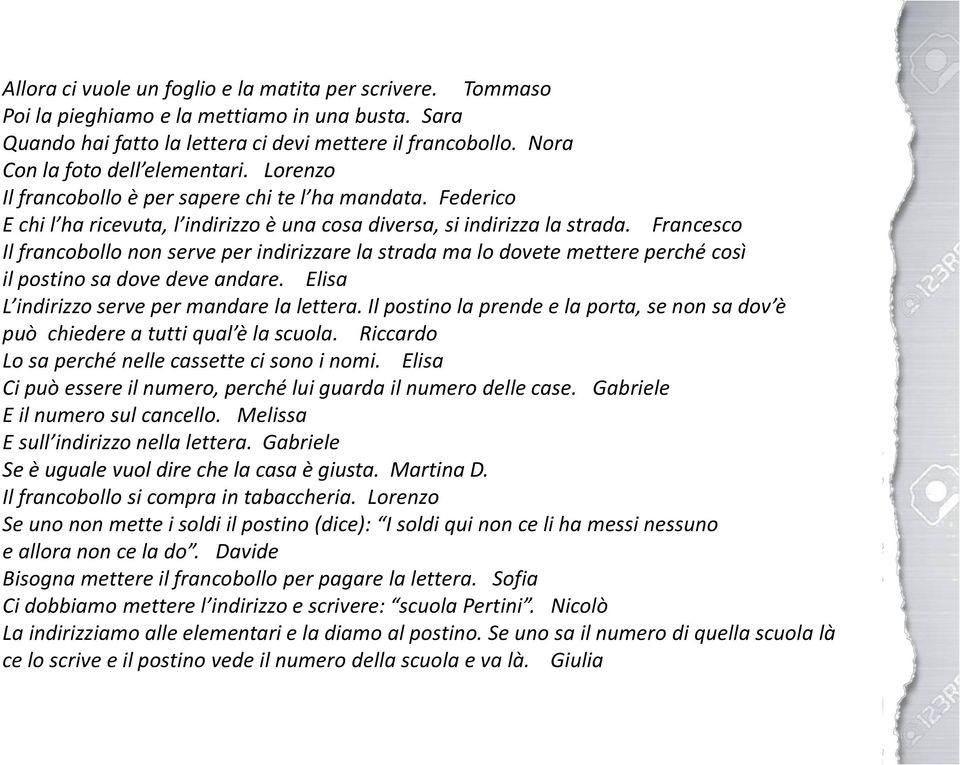 Francesco Il francobollo non serve per indirizzare la strada ma lo dovete mettere perché così il postino sa dove deve andare. Elisa L indirizzo serve per mandare la lettera.