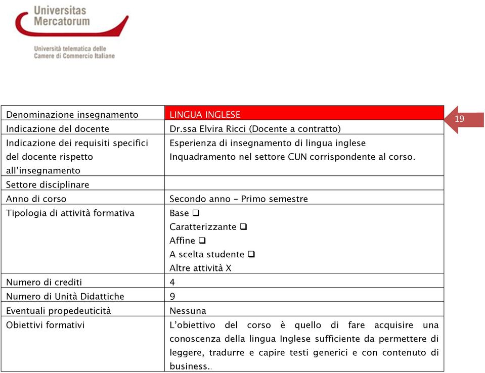 corrispondente al corso.