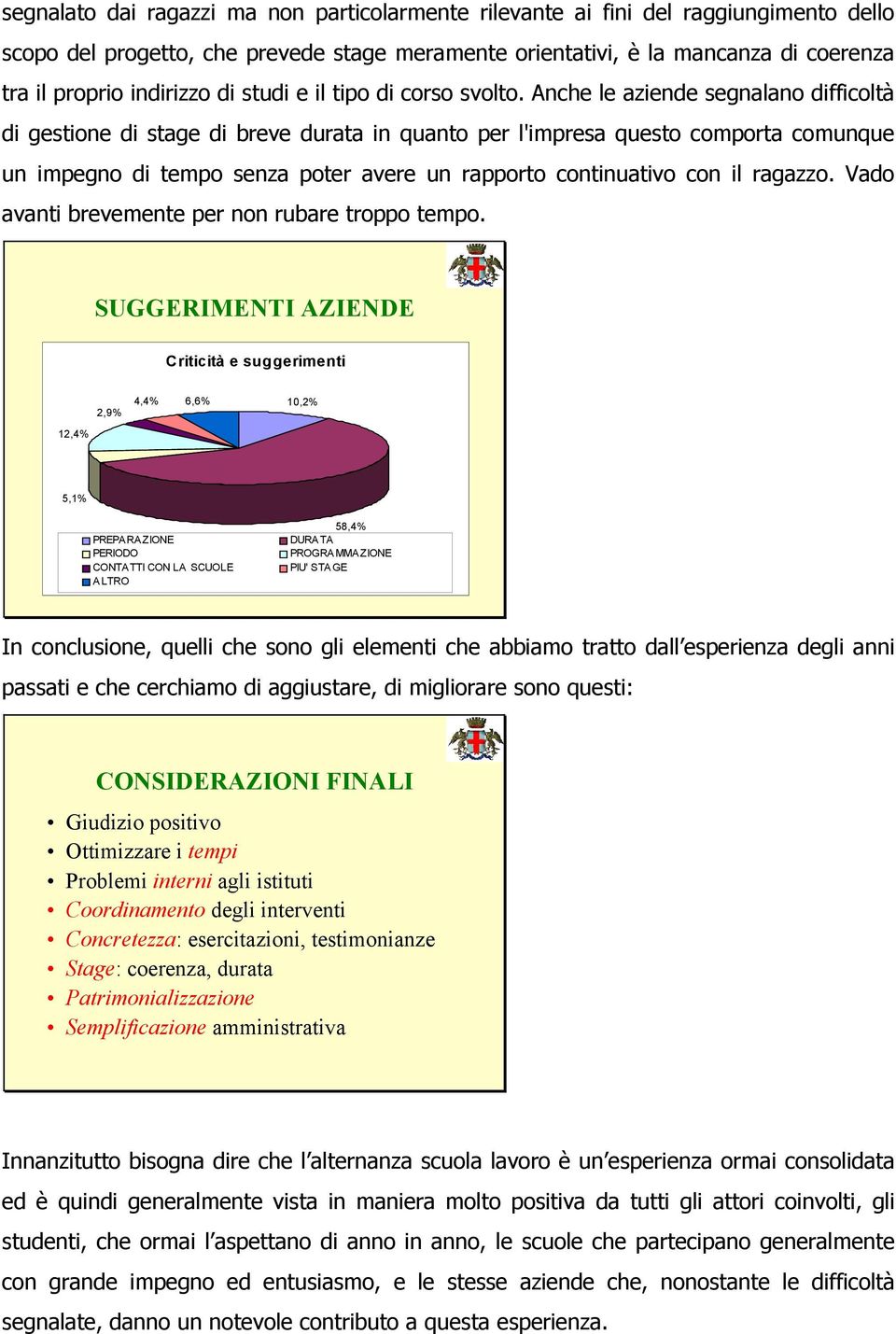 Anche le aziende segnalano difficoltà di gestione di stage di breve durata in quanto per l'impresa questo comporta comunque un impegno di tempo senza poter avere un rapporto continuativo con il