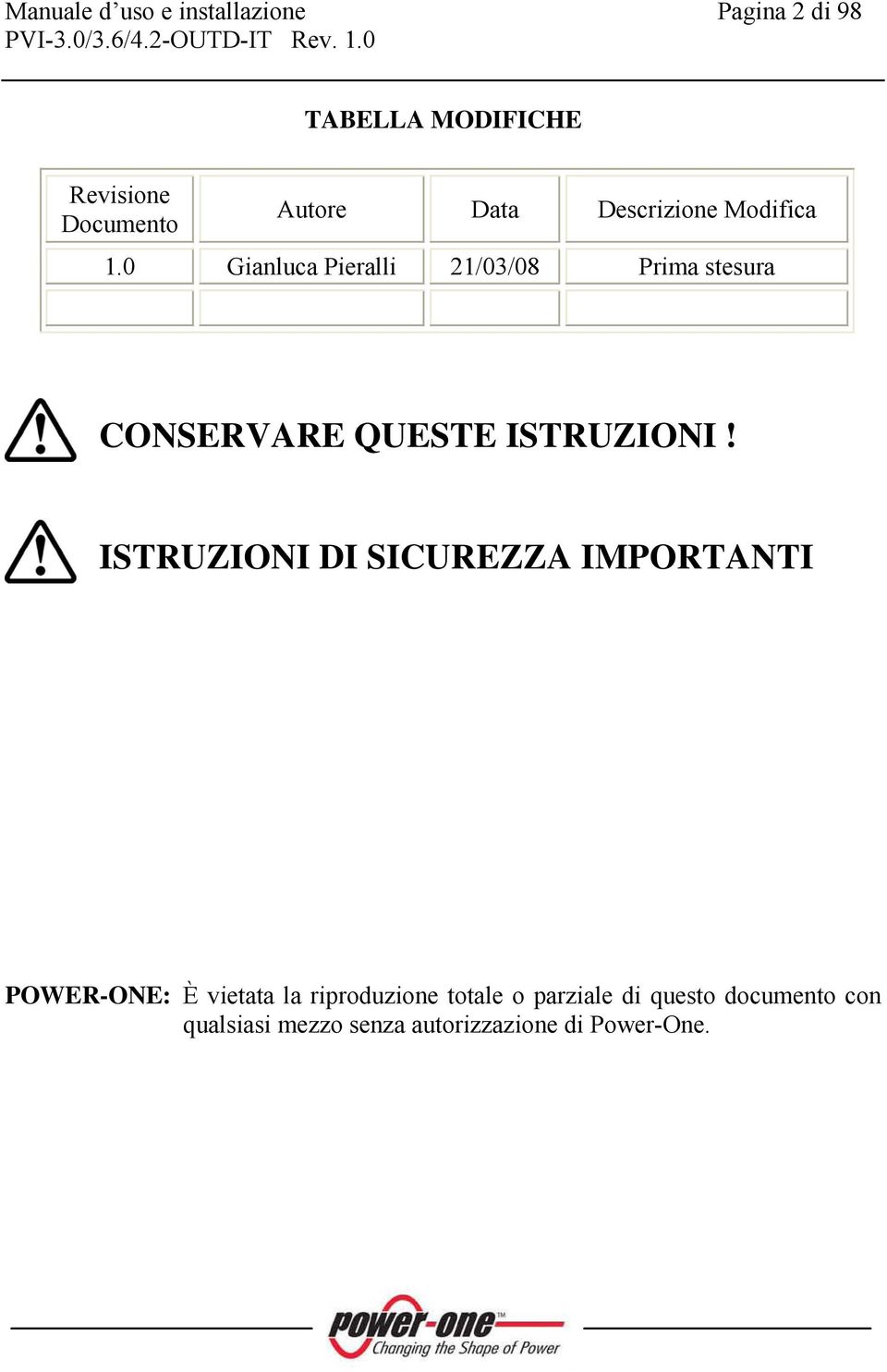 0 Gianluca Pieralli 21/03/08 Prima stesura CONSERVARE QUESTE ISTRUZIONI!