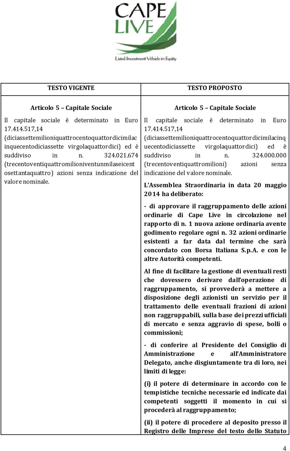 674 (trecentoventiquattromilioniventunmilaseicent osettantaquattro) azioni senza indicazione del valore nominale. Articolo 5 Capitale Sociale Il capitale sociale è determinato in Euro 17.414.