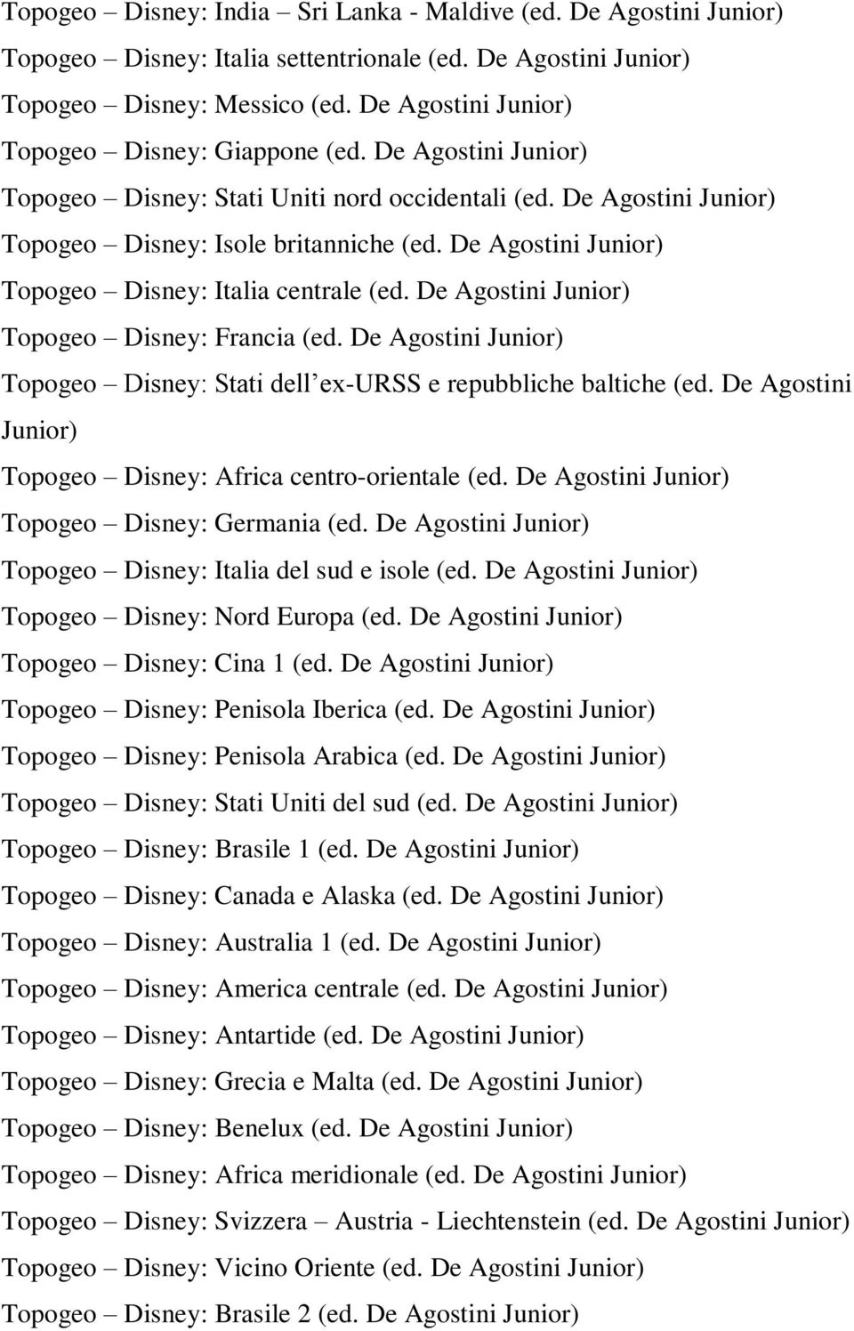De Agostini Junior) Topogeo Disney: Italia centrale (ed. De Agostini Junior) Topogeo Disney: Francia (ed. De Agostini Junior) Topogeo Disney: Stati dell ex-urss e repubbliche baltiche (ed.