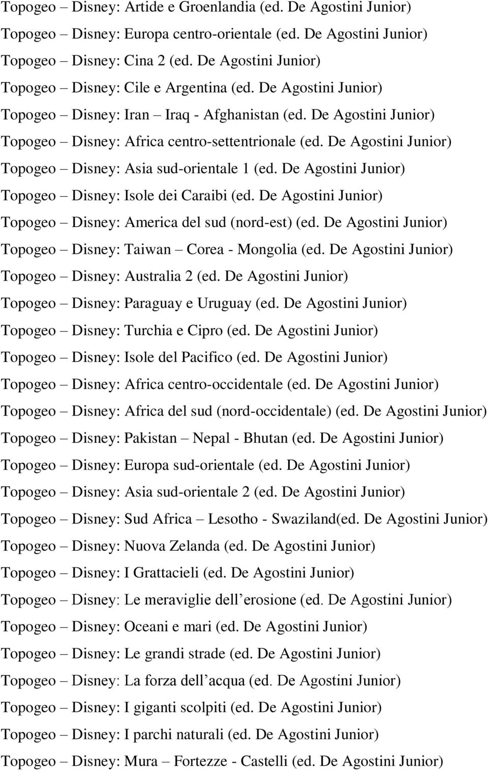 De Agostini Junior) Topogeo Disney: Asia sud-orientale 1 (ed. De Agostini Junior) Topogeo Disney: Isole dei Caraibi (ed. De Agostini Junior) Topogeo Disney: America del sud (nord-est) (ed.